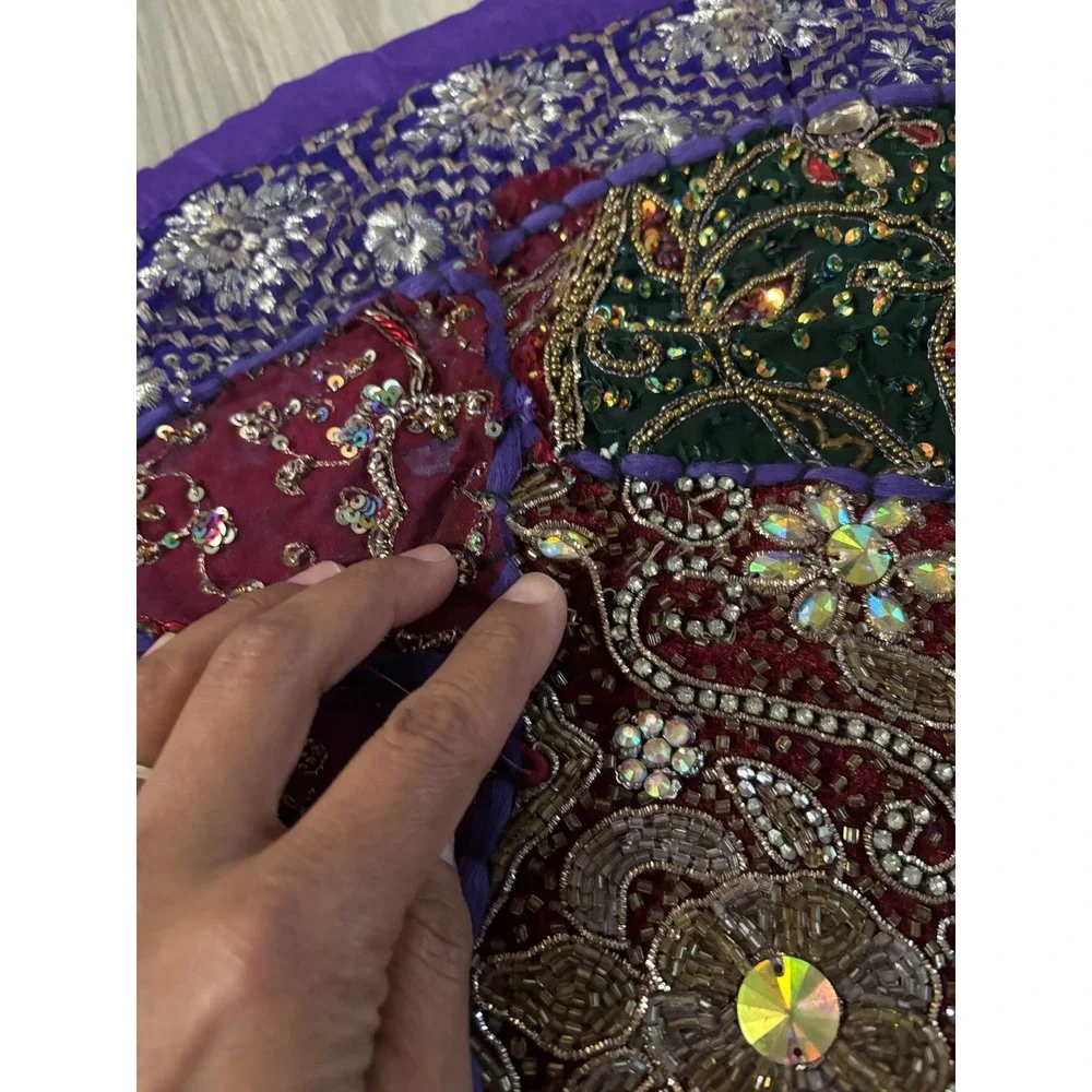 Handmade Indian Patchwork Round Tapestry Gold Zardosi Beaded Boho Purple 22in